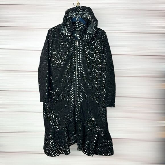 ZAC POSEN Women's Black Hooded Perforated Trench Coat Zip Front size L - Picture 8 of 15